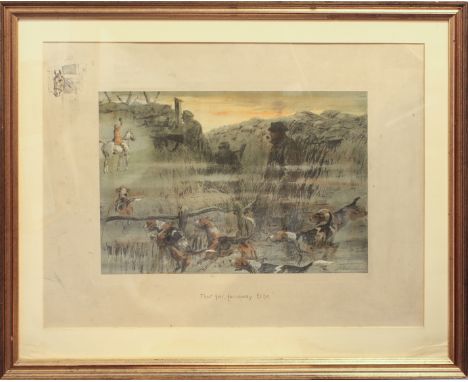 Charles Johnson Payne 'Snaffles' (British, 1884-1967) 'That far, far-away Echo', WW1 subject lithograph with hand colouring, 