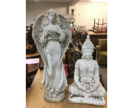 Two composition garden ornaments comprising an angel and a buddha, approx heights 73cm and 55cm.