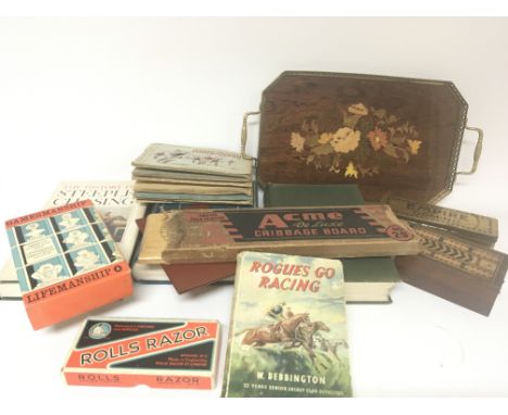 A boxed Rolls Razor books including Steeple Chasing history Sussex with painted by Wilfred Bull vintage cribbage boards cigar