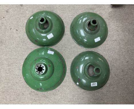 4 vintage industrial green enamel lights shades. (Varying designs, conditions, largest 30cm).