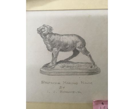 A framed pencil sketch bronze Marino Ram by I j Bonheur approx 16 by 15 cm  - NO RESERVE