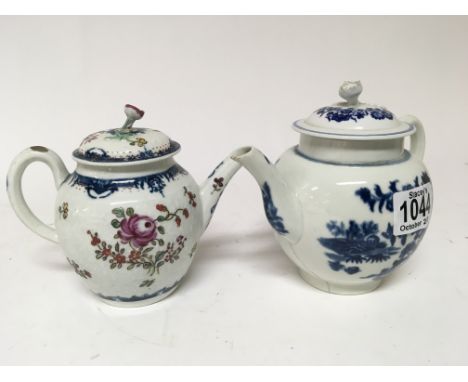 An 18th Century Royal Worcester tea pot decorated in the famille rose pattern and a blue white tea pot decorated in the Chine