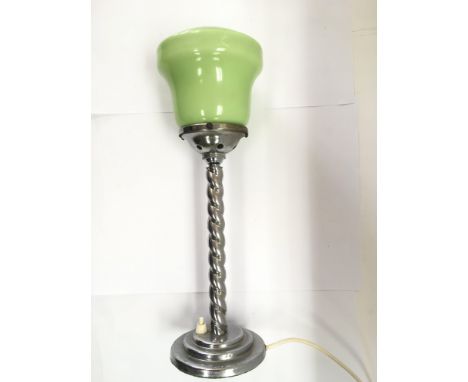 An Art Deco barley twist chrome lamp with a green glass shade, approx height 43cm.