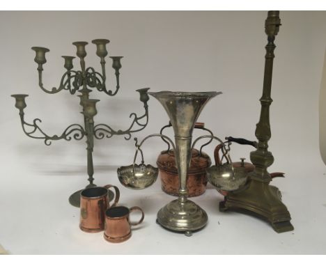 A collection of copper brass and silver plate a two branch eperne kettles a vintage brass lamp. (a lot)