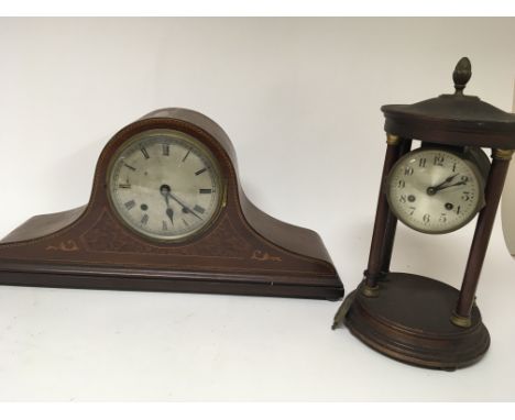 An Edwardian inlaid walnut mantel clock and a four pillar clock (2)