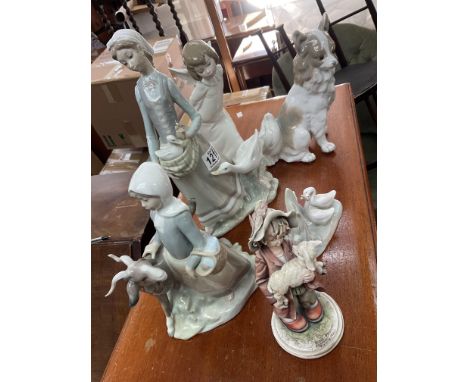 3 Lladro figurines together with a NAO ducks figure, A Capodimonte figure and a Spanish porcelain dog figure.