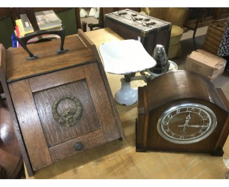 A mantle clock, oak coalbox and a pair of vintage kitchen scales (3).
