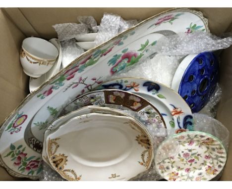 A box of mixed China etc to include a Mintons Haddon Hall part tea set, large hand decorated platter, Ringtons Flower posy et