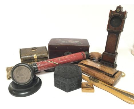 A collection of treen and other items including a small 19th century snuff box decorated with a scene of a huntsman (a lot)