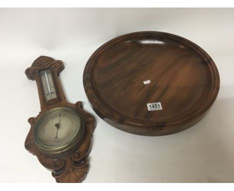 A small oak cased Aneroid Barometer and a treen walnut fruit bowl (2)  - NO RESERVE