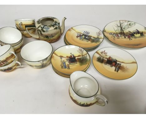 A Royal Doulton tea porcelain set decorated with Coaching scenes and a tea pot (no lid) no obvious damage - NO RESERVE