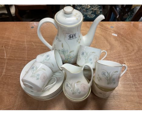 A Royal Doulton Flirtation pattern tea set (6 cups, 6 saucers, cream &amp; sugar, Teapot). ( sugar bowl has damage).