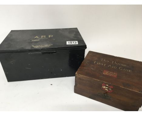 A II world war A.R.P wardens firstvAid tin and one other vintage mahogany First Aid mahogany box (2)