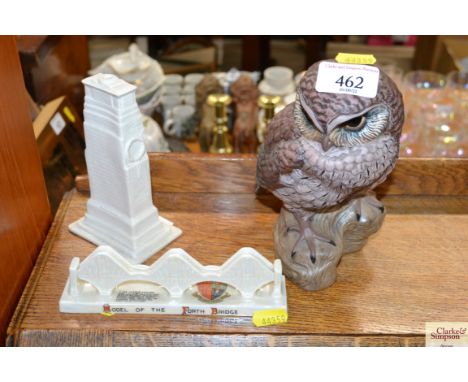 A Poole Pottery owl and two Carlton crested china items 