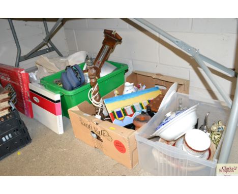Four boxes of various miscellaneous glass and china, and a quantity of table linen; a barometer, saucepans, barley twist tabl