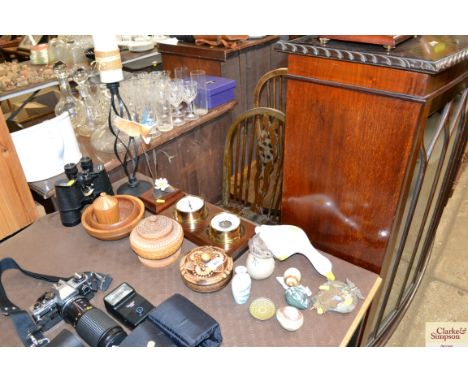 A mounted clock / barometer; an ornament in the form of a kingfisher; a pair of Panorama 10 x 50 binoculars; turned wooden bo