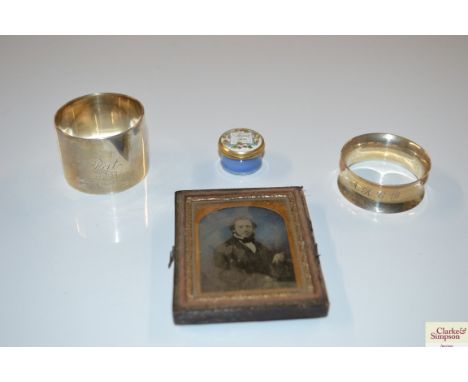 Two silver napkin rings and a Halcyon Dyas enamel pill box etc.