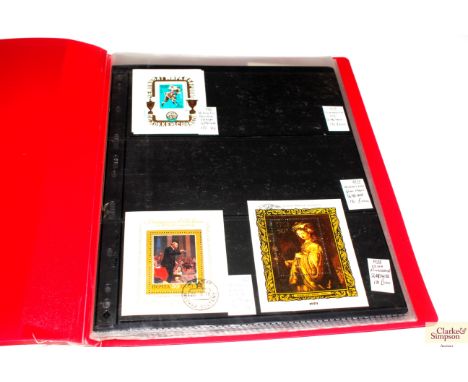 A box containing various stamps etc. to include and album of world miniature sheets, a sheet with a possible Japanese postmar