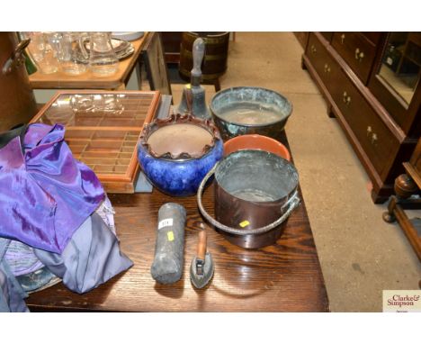 A miniature flat iron together with a lead clock weight, a copper swing handled pale, a Royal Doulton blue glazed jardinière,