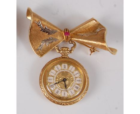 A yellow metal open face lady's manual wind pendant watch, having gilt Roman dial suspended from a yellow metal satin finish 
