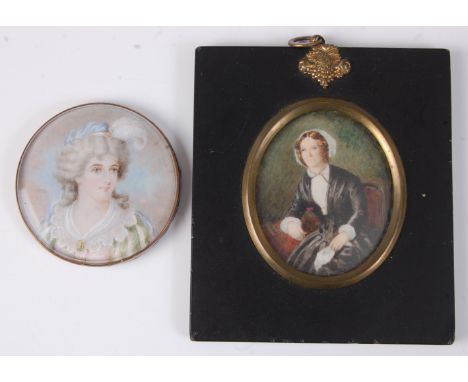 19th century school - bust portrait of a maiden with a feather in her hair, miniature watercolour on ivory, unsigned, dia. 6.