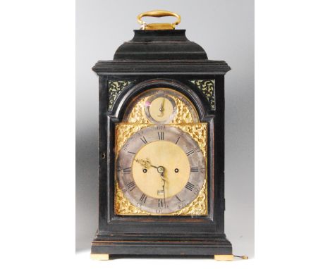 Daniel Vauguion of London - a mid-18th century ebonised bracket clock, the arched brass dial signed to silvered plaque to arc