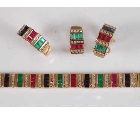 An 18ct gold multi-stone suite of jewellery, comprising bracelet, pair of earrings, and a ring, each set with alternating ban