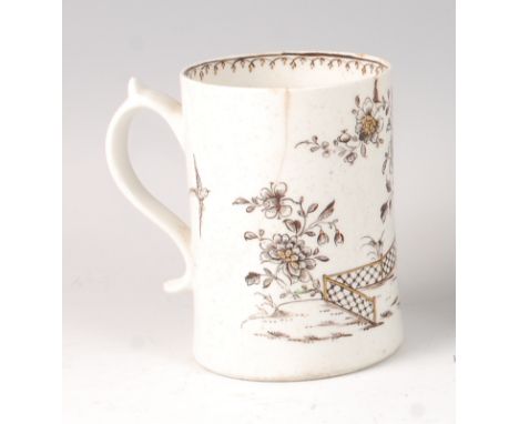 A Lowestoft porcelain tankard, circa 1770, with black pencil sepia and gilt highlighted decoration of a Chinese garden scene,