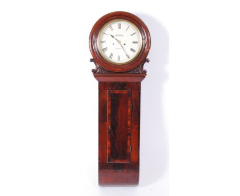 A Victorian mahogany droptrunk wall clock, the repainted 11" circular white enamelled dial signed Moore of London, twin windi