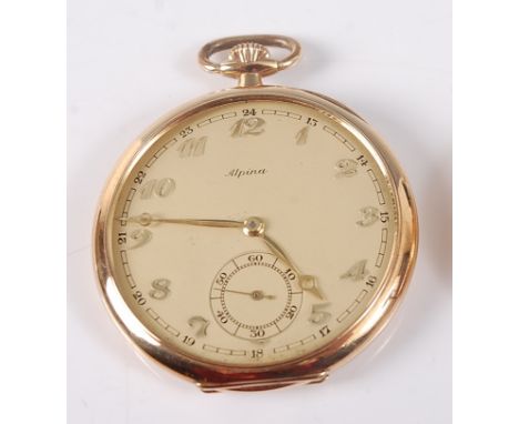 A 14ct yellow gold 'Alpina' open face keyless pocket watch, with a round cream Arabic dial and subsidiary seconds dial at 6 o