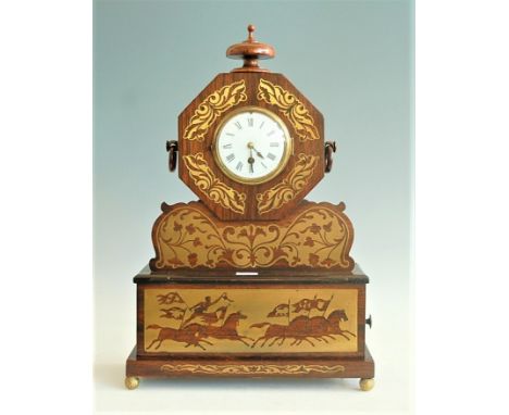 A mid-19th century rosewood and brass inlaid mantel clock, known 'The Courier of St Petersburg' mantelpiece clock , having co