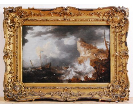 Bonaventura Peeters (1614-1652) - Shipwreck off a rocky coast with survivors, oil on panel, 37.5 x 25cm, appears indistinctly