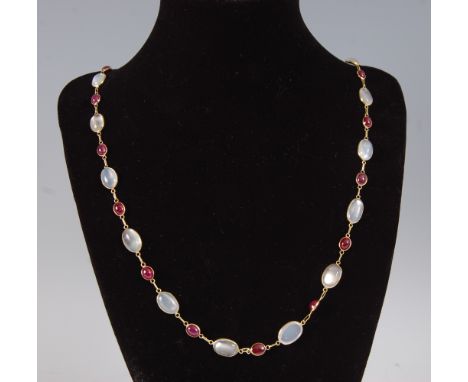 A contemporary moonstone and opal necklace, arranged as alternating cabochon stones, each moonstone measuring approx 7 x 9mm,