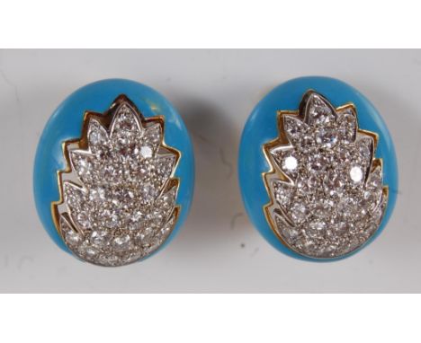 A pair of 18ct gold, diamond and turquoise enamel ear clips, of good size, each of oval form with a cut-out centre leaf, pavé