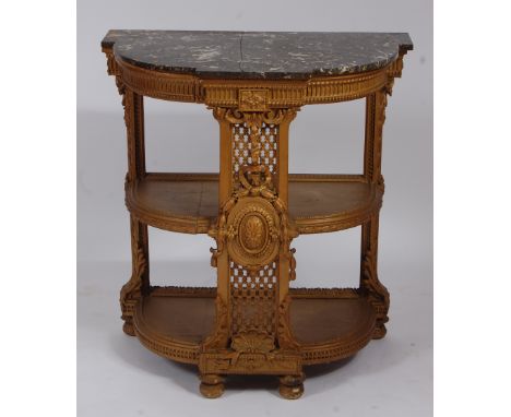 A late 19th century French gilt wood breakfront demi-lune three tier console table , the black variegated marble top (broken 