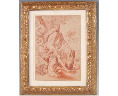 18th century school - Hercules and the Lion, red chalk drawing, 29 x 20cm.Horizontal rippling to paper throughout.No tears or