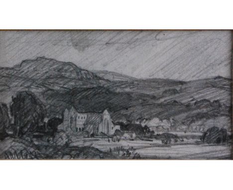 Leonard Russell Squirrell (1893-1979) - Abbey within a landscape, preliminary pencil sketch, 6.5 x 11.5cm