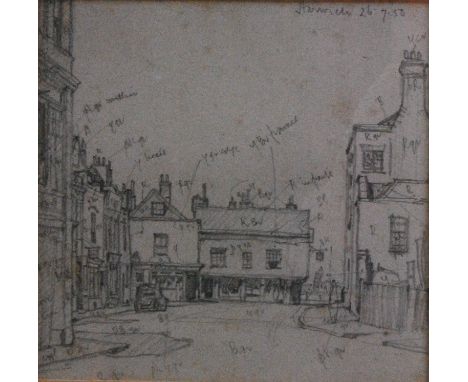 Leonard Russell Squirrell (1893-1979) - Harwich, preliminary pencil sketch with annotations, 13.5 x 14cm