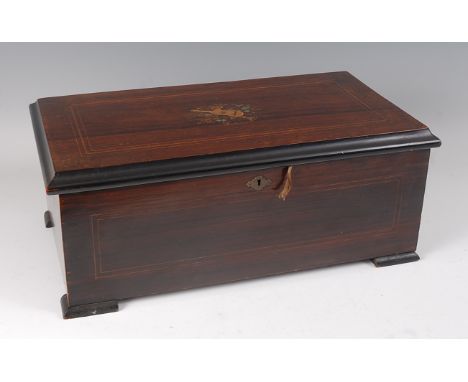 A late 19th century Swiss rosewood and inlaid music box, the 7" cylinder playing ten airs, having change/repeat and stop/play