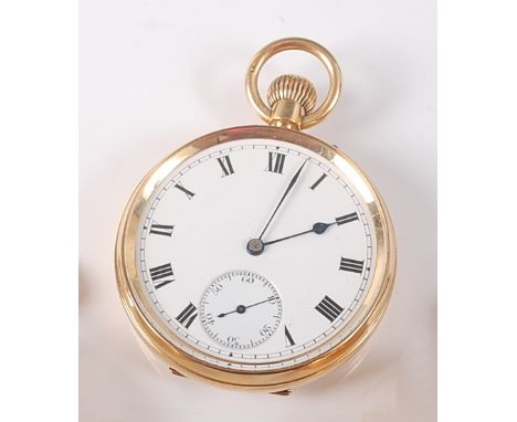 An 18ct yellow gold keyless wind open face pocket watch, having white enamel Roman dial and subsidiary seconds dial at 6 o'cl