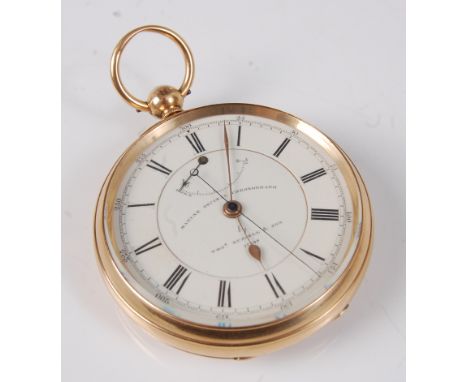 Thomas Russell & Son, an 18ct gold gents marine decimal chronograph pocket watch, with stop/start function, signed white enam