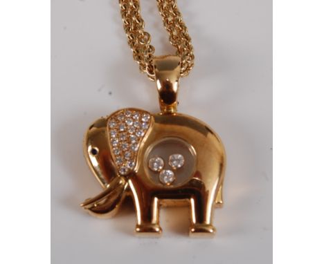 A Chopard 18ct gold Happy Diamonds elephant pendant, the ears pavé set with 24 small brilliant cut diamonds, the body with th