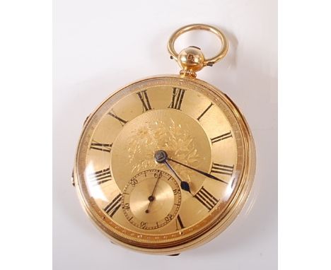 An 18ct yellow gold keywind open face pocket watch, having gilded Roman dial with floral detail and subsidiary seconds dial a
