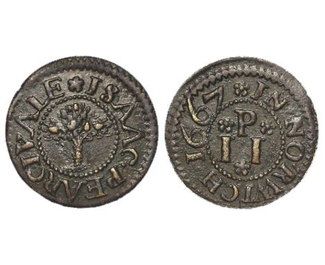 Norfolk, Norwich, 17th. century farthing token, by Isaac Pearcivale, 1667, D.181, with old ticket, nice grade, no corrosion, 