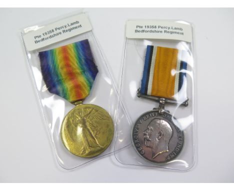 Bedford Regt - BWM & Victory Medal (19358 Pte P Lamb Bedf R) (2)