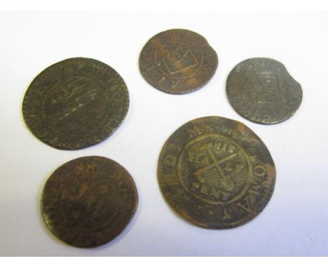 Kent 17th. century tokens, 3 x farthings and 2 x halfpennies, 381, 397, 398, 464 and 507, one with old ticket, NF to GF [5]