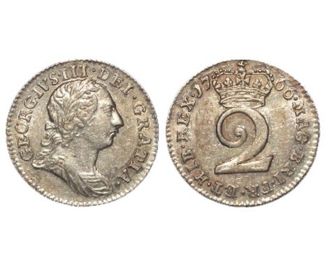 Maundy twopence 1766, very light marks under magnification NUNC