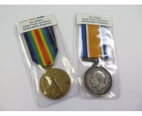 Bedford Regt - BWM & Victory Medal (202624 Pte I F Sycamore Bedf R). (2)