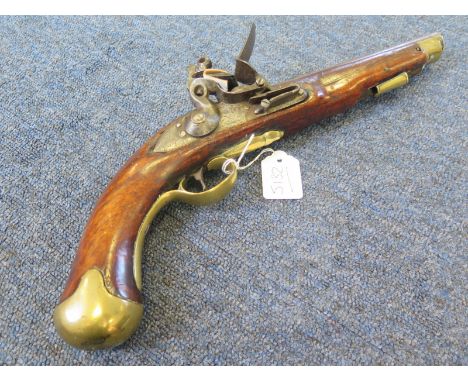 Pistol: A flintlock pistol in the Light Dragoon type pattern. Walnut stock with brass furniture. Badly fitting lock. Ring nec
