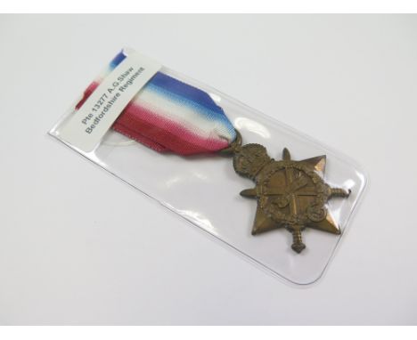 Bedford Regt - 1915 Star (13277 Pte A G Shaw Bedf R). Killed In Action 8th Nov 1918 with the 5th Bn Royal Irish Fusiliers. Bo